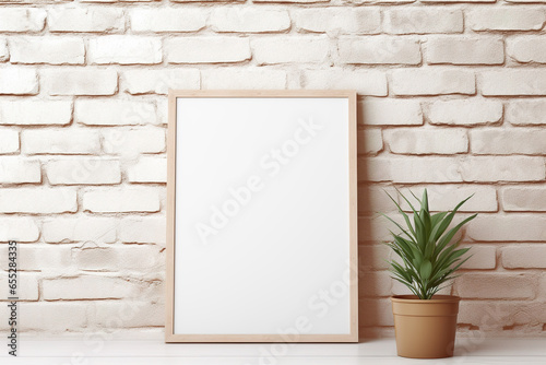 Blank picture vertical frame mockup on a stone white brick wall, boho style, modern, minimalist © Ars Nova