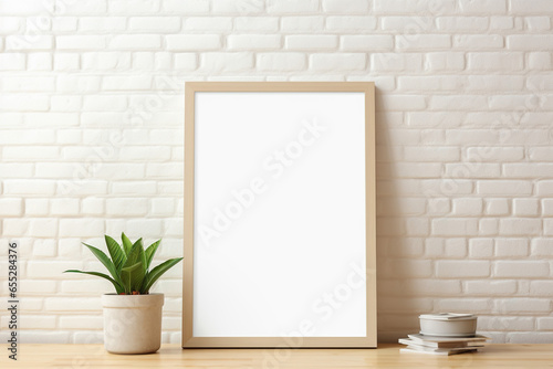 Blank picture vertical frame mockup on a stone white brick wall, boho style, modern, minimalist © Ars Nova