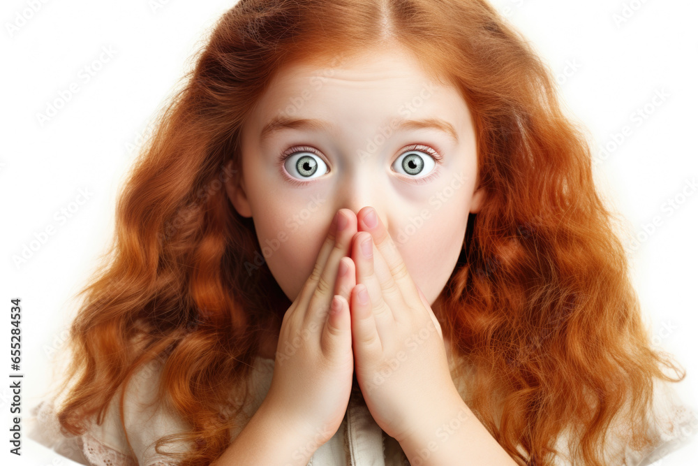 A cute little girl with vibrant red hair covering her mouth. This image can be used to represent surprise, shyness, or secrecy. Ideal for children's books, parenting articles, or social media posts ab A cute little girl with vibrant red hair covering her mouth. This image can be used to represent surprise, shyness, or secrecy. Ideal for children's books, parenting articles, or social media posts ab