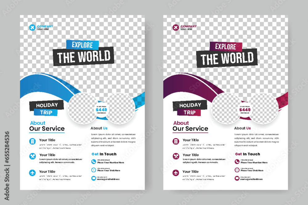 Obraz premium Vacation travel flyer design template, Travel poster or flyer pamphlet flyer design, and travel agency flye