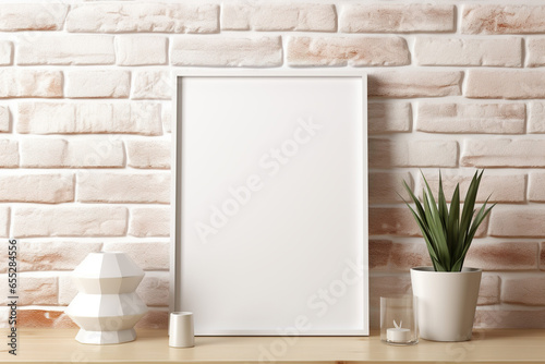 Blank picture vertical frame mockup on a stone white brick wall  boho style  modern  minimalist