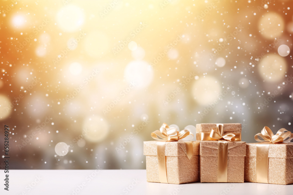 Christmas present or gift box with gold ribbon bow on golden bokeh background. Winter holiday Xmas concept. Merry Christmas present. Golden gift box. Happy New Year greeting card. Christmas present or gift box with gold ribbon bow on golden bokeh background. Winter holiday Xmas concept. Merry Christmas present. Golden gift box. Happy New Year greeting card.