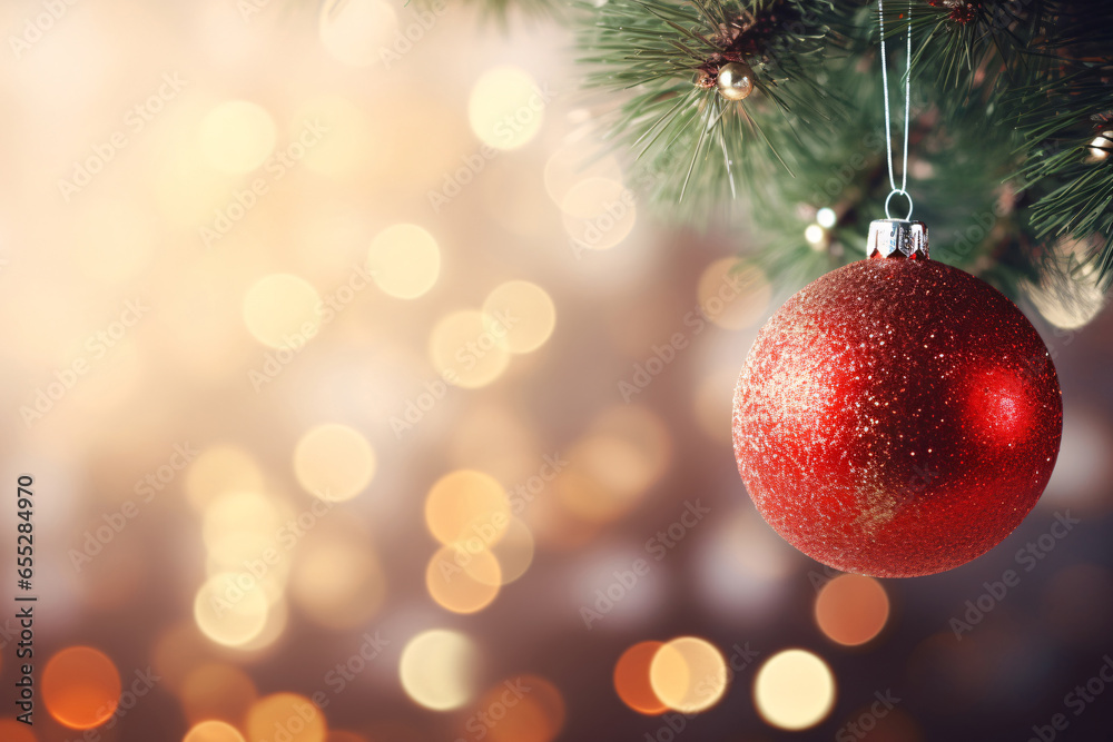Closeup of Christmas bauble ball decoration on Christmas tree with golden bokeh festive lights background. Merry Christmas and Happy New Year greeting cards. Xmas night. Winter holiday. Closeup of Christmas bauble ball decoration on Christmas tree with golden bokeh festive lights background. Merry Christmas and Happy New Year greeting cards. Xmas night. Winter holiday.
