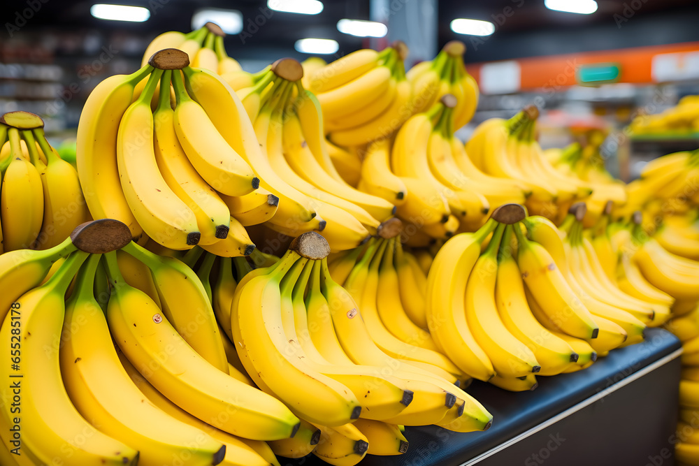 Colorful banana fruits pattern, fresh yellow bananas lying in a modern supermarket, selling, market. From top view, banner, healthy