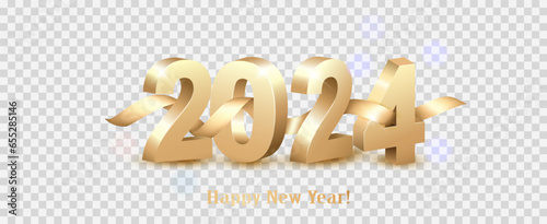 Merry Christmas and Happy New Year 2024. Golden 3D numbers with gold ribbon on transparent background. Festive realistic design. Holiday party 2024 web poster. Vector
