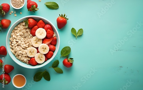 Breakfast or dessert, unsweetened yogurt with granola, dark chocolate, hazelnuts, berries and sliced banana in a ceramic bowl on a modern blue color background. Breakfast recipes. Healthy food