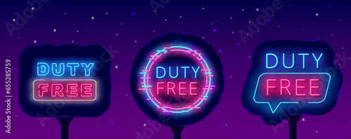 Duty free neon street billboards collection. Cyber design frame Glowing outdoor advertising. Vector stock illustration