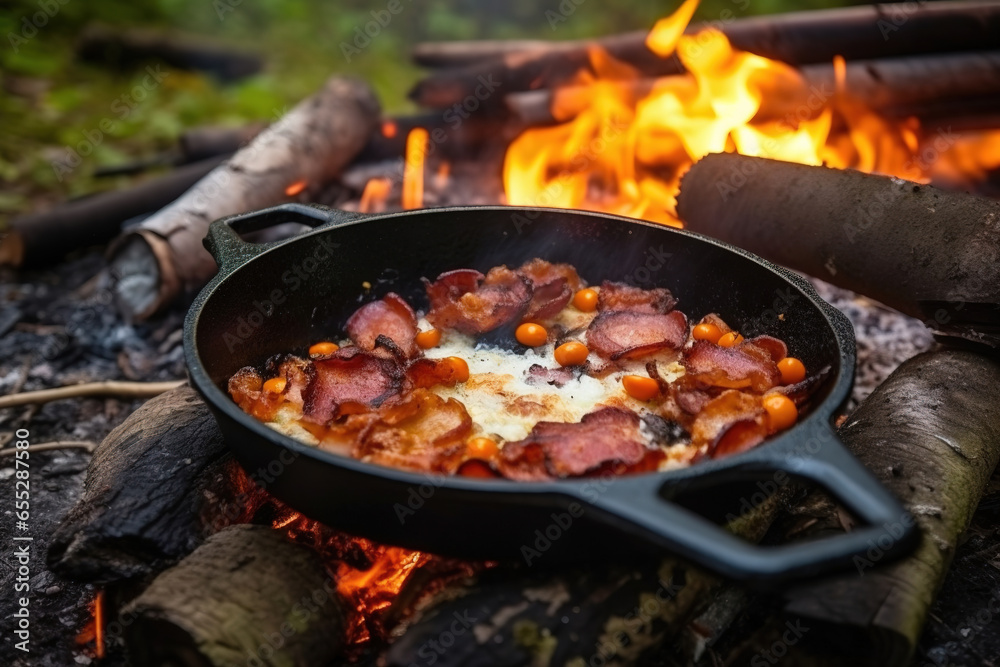 Camping breakfast with bacon and eggs in a cast iron skillet. Fried eggs with bacon in a pan in the forest. Food at the camp. Scrambled eggs with bacon on fire. Picnic Camping breakfast with bacon and eggs in a cast iron skillet. Fried eggs with bacon in a pan in the forest. Food at the camp. Scrambled eggs with bacon on fire. Picnic