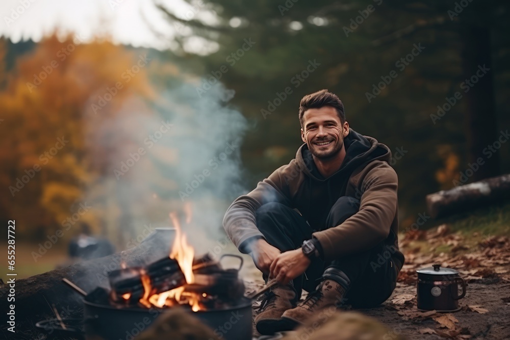 Photo of a smiling middle aged Caucasian man brews coffee over a fire in the forest. Travel, tourism and camping. Solitude in the forest with your thoughts. Escape from the bustle of the big city. Photo of a smiling middle aged Caucasian man brews coffee over a fire in the forest. Travel, tourism and camping. Solitude in the forest with your thoughts. Escape from the bustle of the big city.