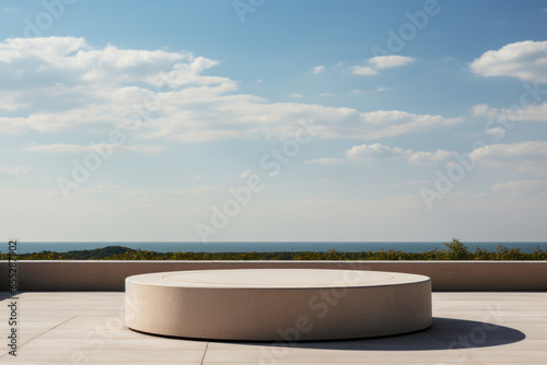 Abstract minimalist podium stage with round pedestals for product presentation against blue sky background