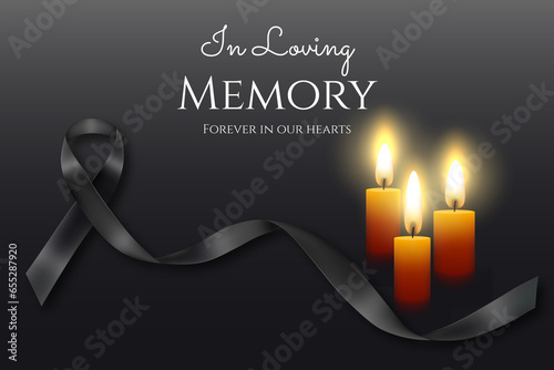In loving memory template for the loved ones , illustrated background with a black strip and candles 