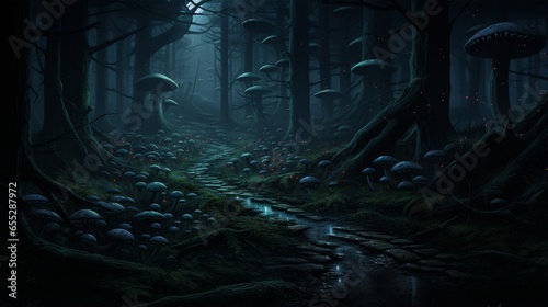 a chilling, dark forest scene with luminescent mushrooms that softly light the path of creepy critters