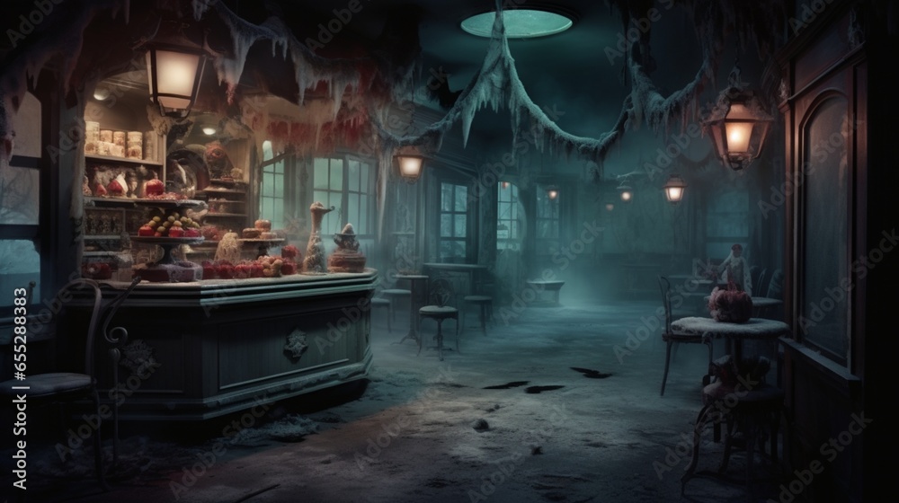 a haunted ice cream parlor, with scoops of ice cream that emit ghostly trails of mist - obrazy, fototapety, plakaty 