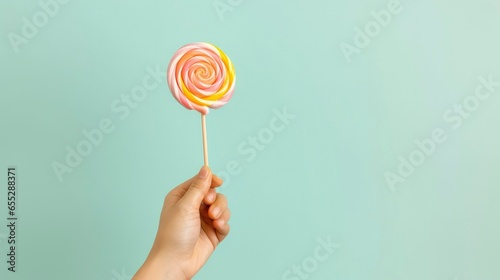 Hand holding yummy candy lollipop on plain background photo