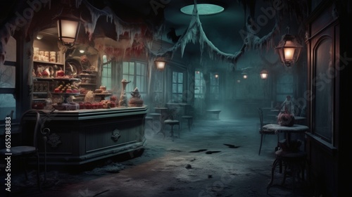 a haunted ice cream parlor, with scoops of ice cream that emit ghostly trails of mist © Riffat