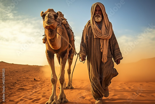 Berber man leading camel caravan. A man leads two camels through the desert. Man wearing traditional clothes on the desert sand
