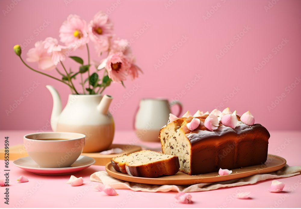 Healthy home made banana bread with walnuts, pecans and cinnamon for breakfast served with fresh coffee on a kitchen table, modern pastel pink color background