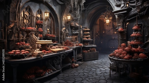 a spectral bakery with pastries that rearrange themselves into intricate, haunted designs