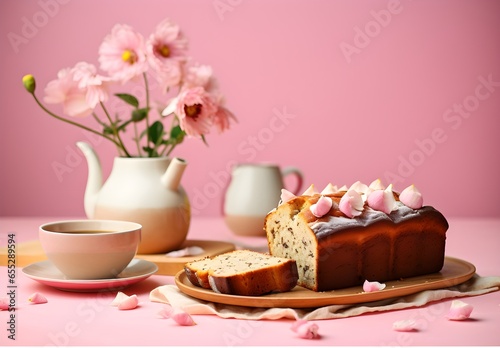 Healthy home made banana bread with walnuts  pecans and cinnamon for breakfast served with fresh coffee on a kitchen table  modern pastel pink color background
