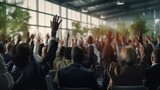 Generative AI image of a Unrecognizable businessman person of multi-ethnic businesspeople raising their hands during a presentation seminar for asking question at their company