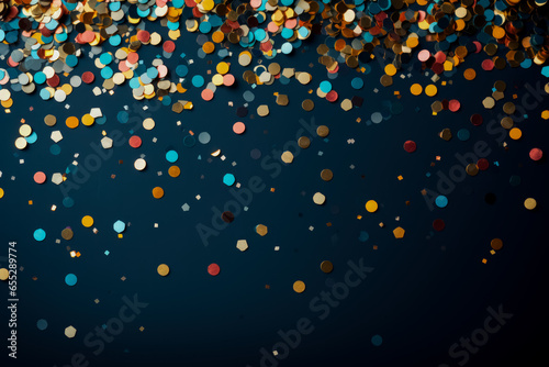 Colorful confetti details from New Years celebration background with empty space for text 