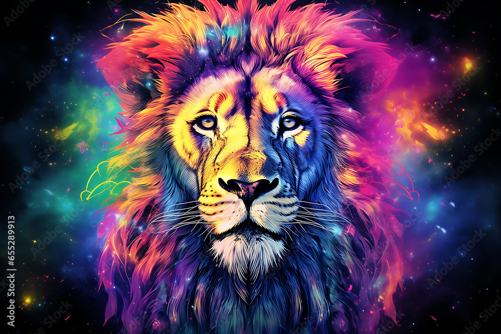 Vibrant Neon Rainbow Leo Zodiac Watercolor. Generative AI