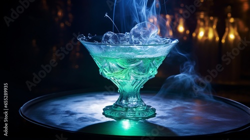 a spectral, translucent cocktail with eerie, glowing ingredients swirling within a crystal-clear glass