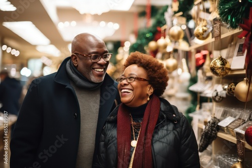 Happy african looking middle aged couple goes shopping in a decorated store for the new year