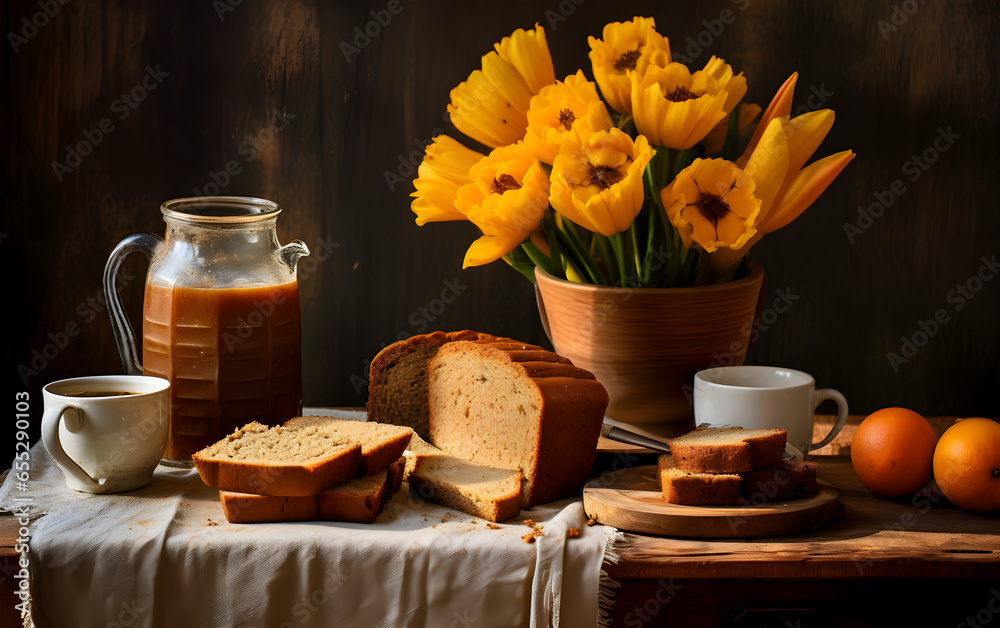 Healthy home made banana bread with walnuts, pecans and cinnamon for breakfast served with fresh coffee on a kitchen table, flowers, still life, rustic dark color background