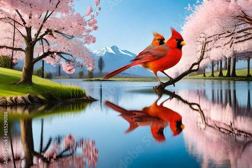 Couple of Northern cardinal birds on cherry blossom tree.Generative