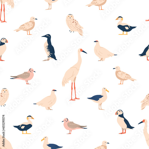 Seamless Pattern Adorned With Arctic Birds, Puffin, Snowy Owl, Arctic Tern, Common Eider, Guillemot, Sanderling, Gull