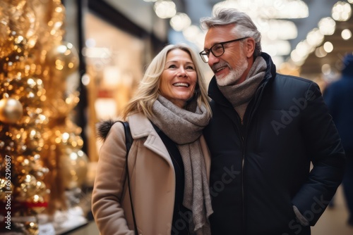Happy american looking middle aged couple goes shopping in a decorated store for the new year photo