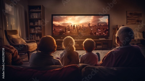 Generative AI image of a Grandparents and grandchildren watching a movie on the tv in the living room at home
