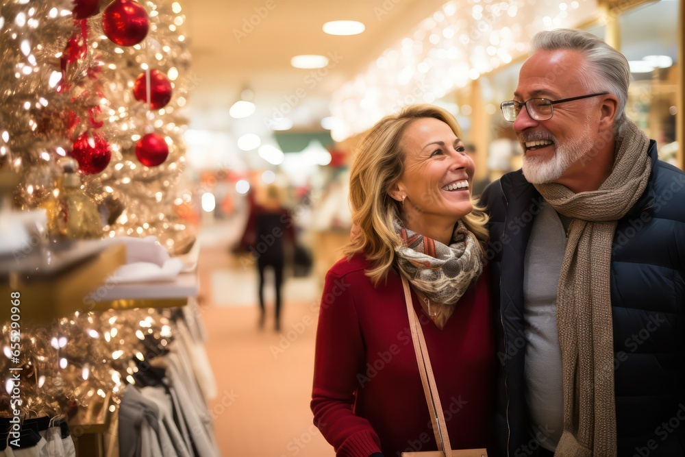 Happy Caucasian looking middle aged couple goes shopping in a decorated store for the new year