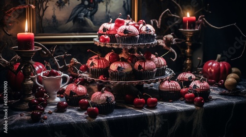 a table spread with a glistening, poison apple centerpiece surrounded by sinister-looking cupcakes