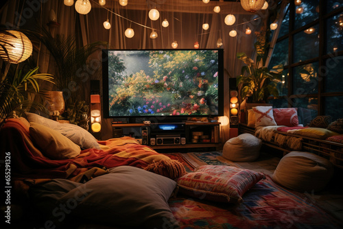 Modern Living Room Home Theater with a Collection of Floor Cushions and Poufs, Smart TV, Vintage Film Posters, and a Projector Screen Surrounded by Twinkling Fairy Lights