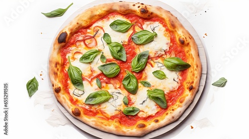an artful image of a classic Italian margherita pizza, featuring bubbling cheese and fresh basil leaves, with a white canvas backdrop