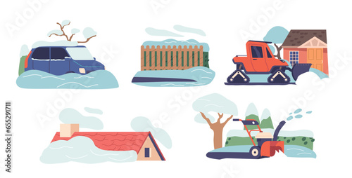 Set of Elements Snowy Cottage Roof, and House Yard, Car Covered with Freshly Fallen Snow, Heavy Machine and Blower
