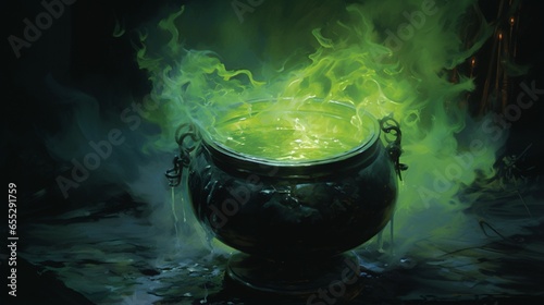 an eerie, black cauldron bubbling over with green, ghostly flames, casting an ominous glow