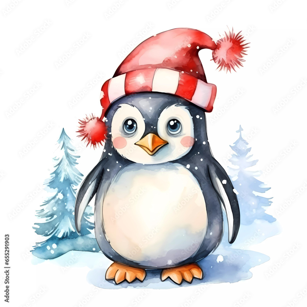 Obraz premium Cute penguin with Christmas hat and scarf. Happy new year and Merry Christmas.