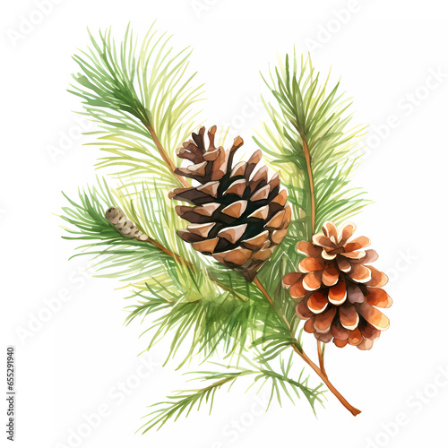 Christmas plants, fir, tree, and cone, happy holiday set isolated on white background. Water color.