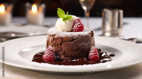 an exquisite image of a decadent chocolate souffl?(C), with a molten center, served on an elegant white dessert plate photo