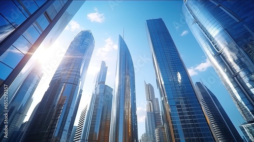 Low angle shot of modern glass city buildings and skyscrapers  generated by AI