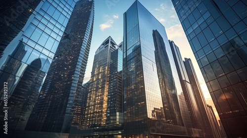 Low angle shot of modern glass city buildings and skyscrapers, generated by AI photo