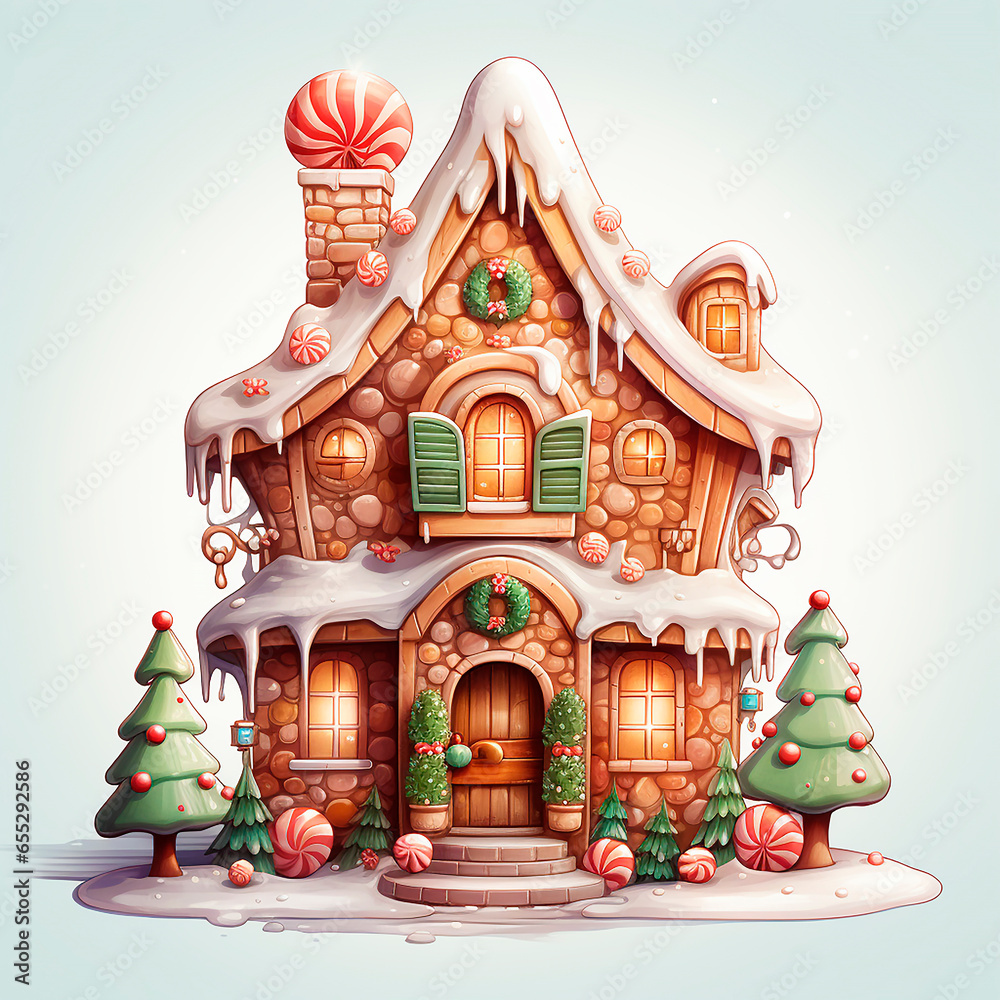 Fototapeta premium Illustration, cute Christmas gingerbread house with snow and Christmas trees on the sides.