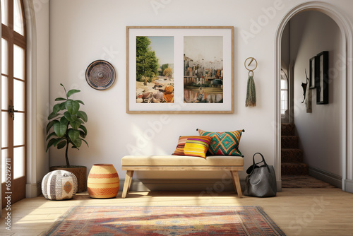 Warm and cozy bohemian interior, with a vintage wooden bench, a colorful Moroccan rug, a gallery wall of travel photographs, Mock up poster frame, photo
