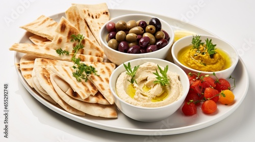an exquisite photograph of a Mediterranean mezze platter, featuring hummus, olives, and pita bread, beautifully arranged on a white serving dish