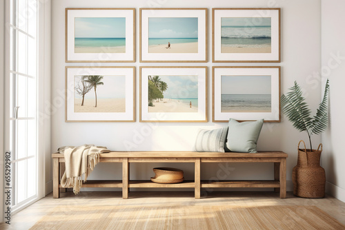 Blank picture frame mockup on white wall, coastal with a collection of framed abstract sea prints, modern living room design. Interior with a sofa, a weathered wooden bench