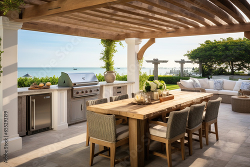 A coastal outdoor kitchen featuring a white pergola, a built-in grill with a reclaimed wood surround, and a dining area with a driftwood table and slipcovered chairs photo