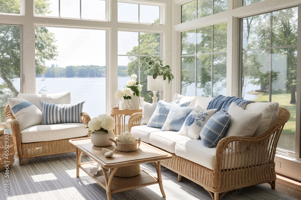 A coastal sunroom with wicker furniture, white cushions, and a collection of nautical-themed throw pillows, surrounded by large windows to let in natural light - obrazy, fototapety, plakaty 